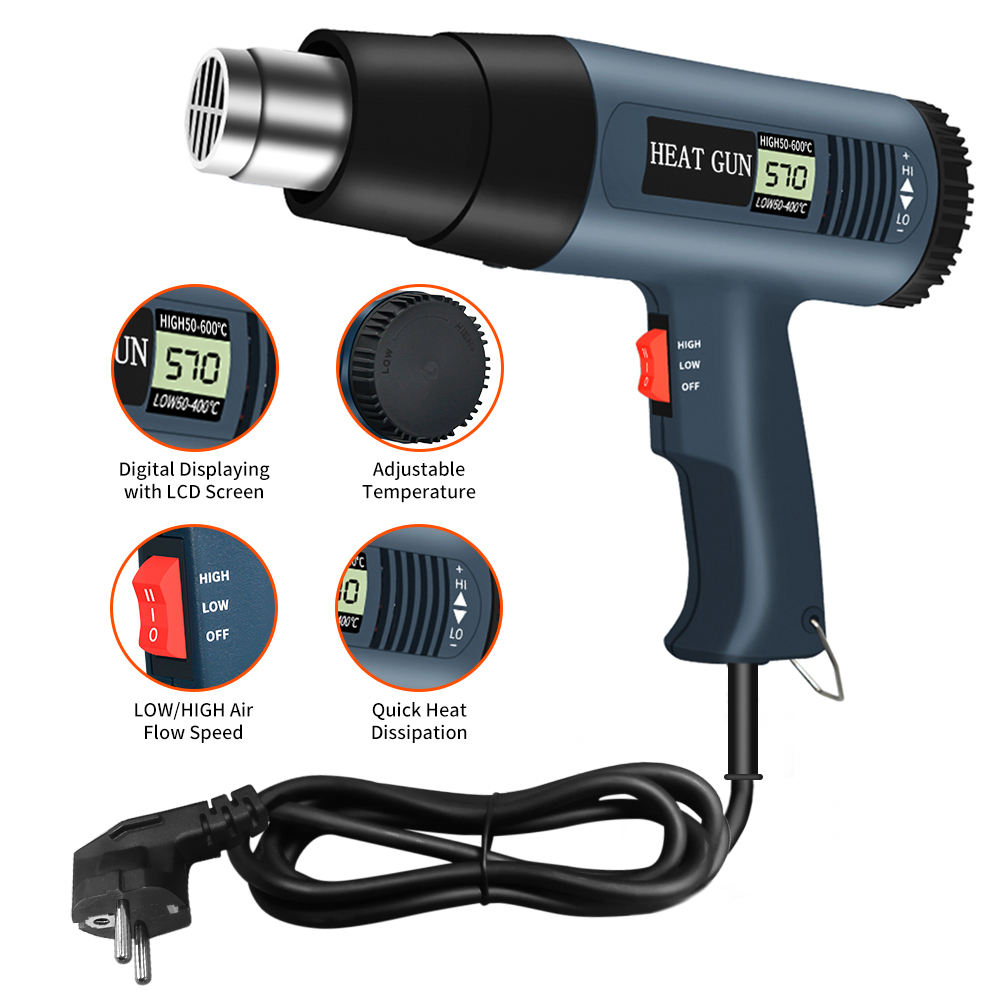 Heat Gun Variable - 2000ワット高速加熱、温度調節可能、2段階風量、LCDデジタルディスプレイ付き熱風機